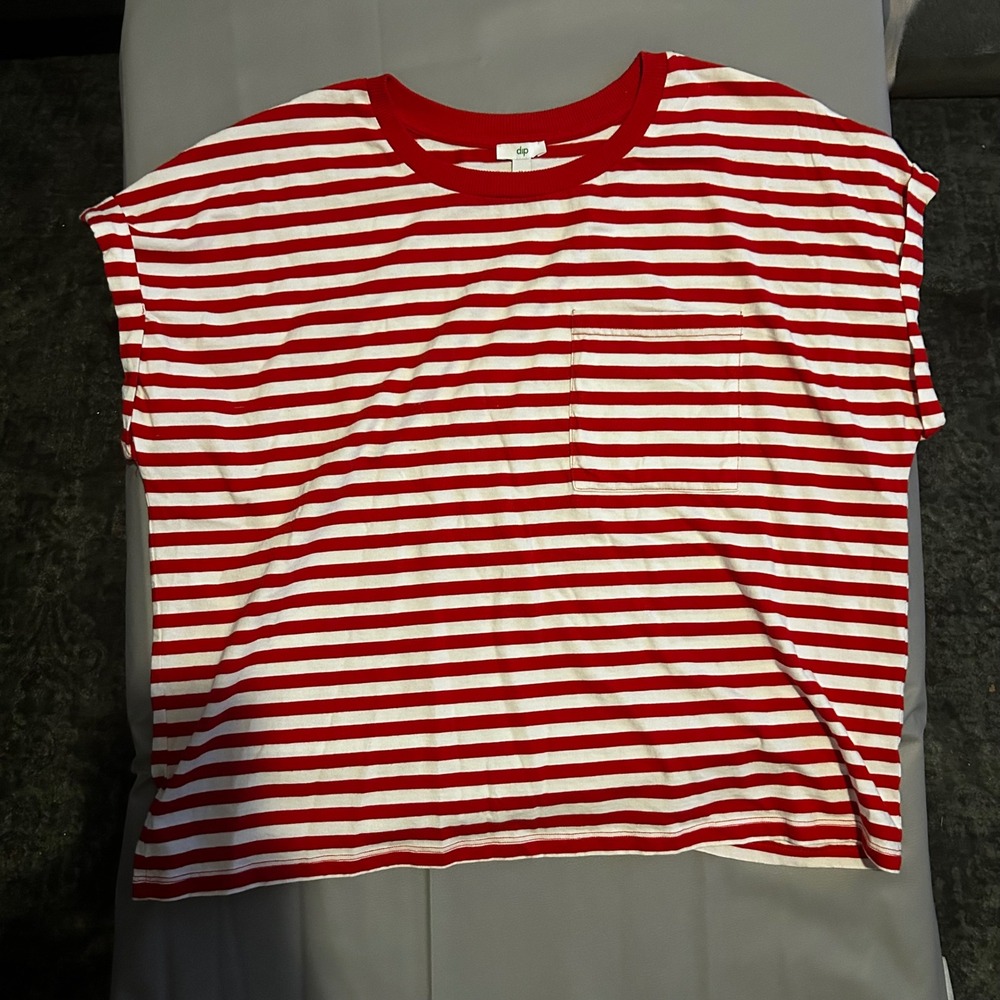 Women XL Red White Striped Pocket T-Shirt Relaxed Fit Ringer Tee Nautical Preppy